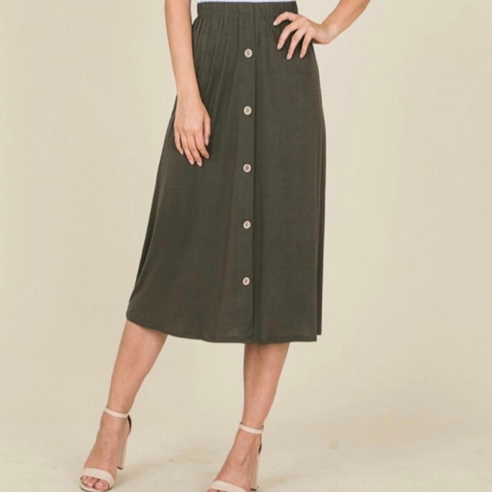 Olive Midi Button Skirt Elastic Waist